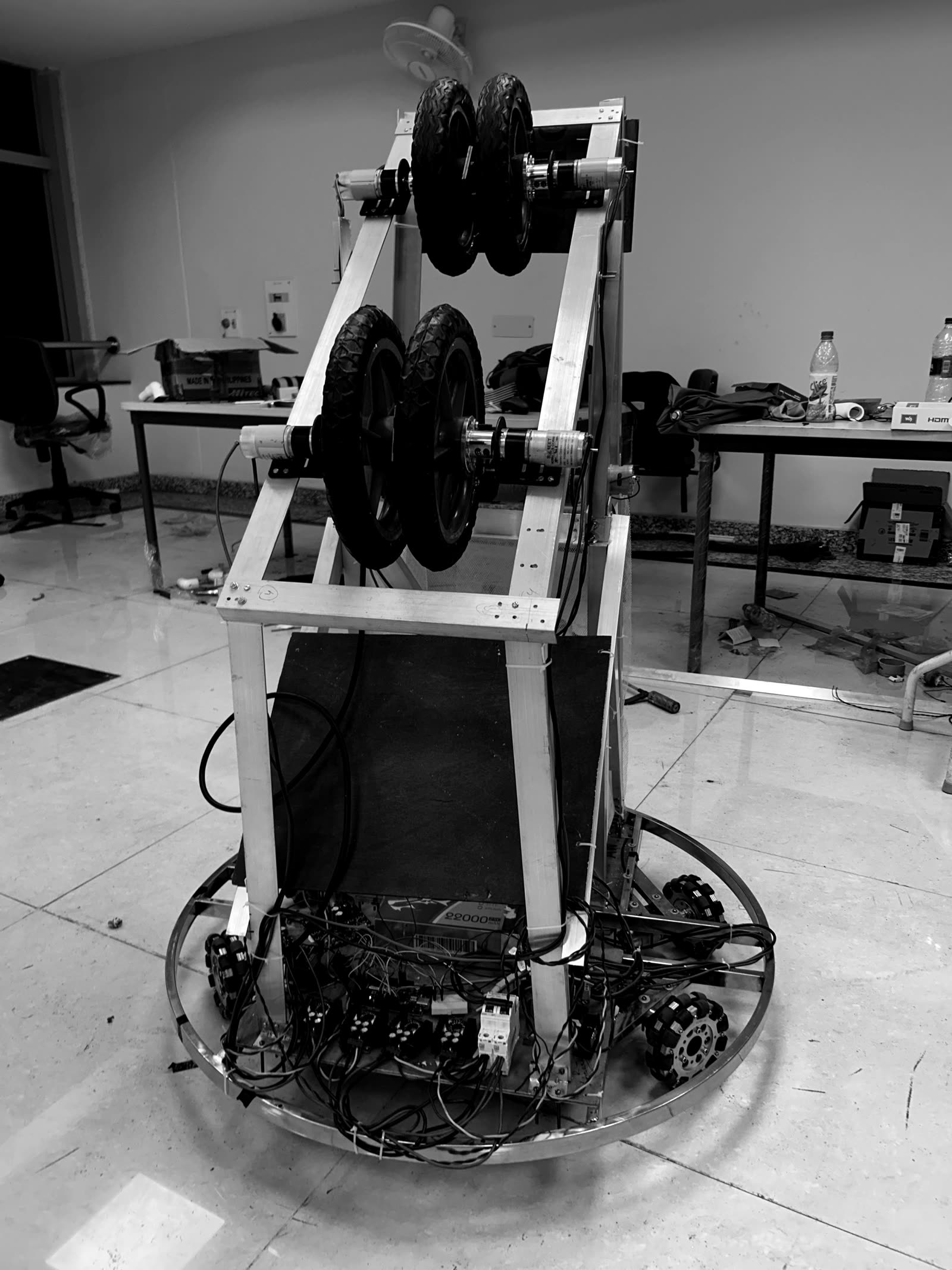 Front view of the Robocon robot showing the launcher wheels and drive electronics