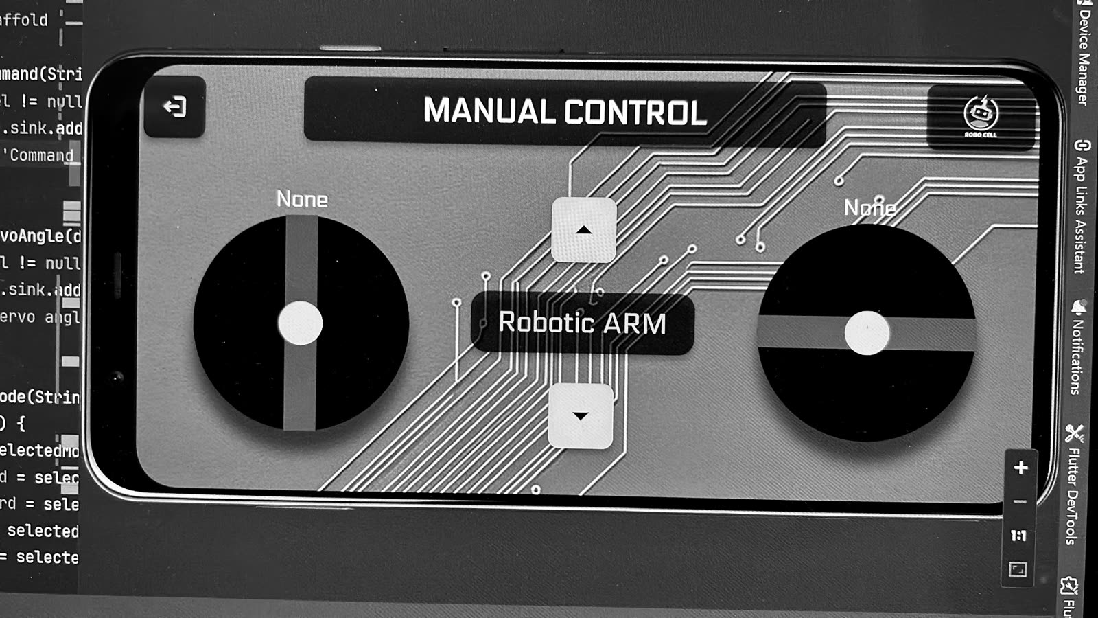 The Robozido Flutter app showing a dual-joystick manual control screen for a robotic arm